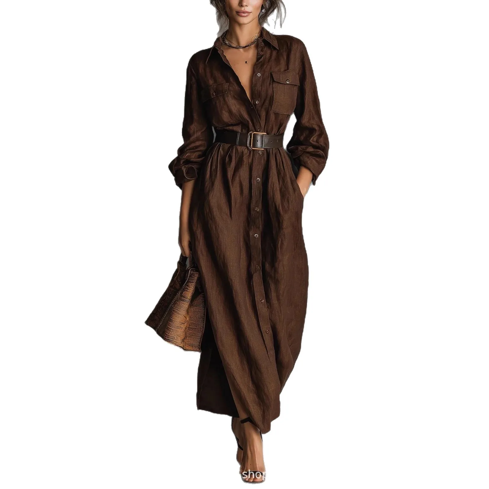 Elegancka sukienka koszulowa z kołnierzykiem, kieszeniami, jednolita, zapinana na guziki, w stylu vintage, luźna, z długim rękawem, o prostym kroju, z paskiem.