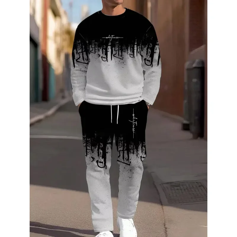 Men Round Neck Sweater Set 3D Gradient Pattern Printed American Street Casual Fashionable Autumn Winter New Long Sleeve