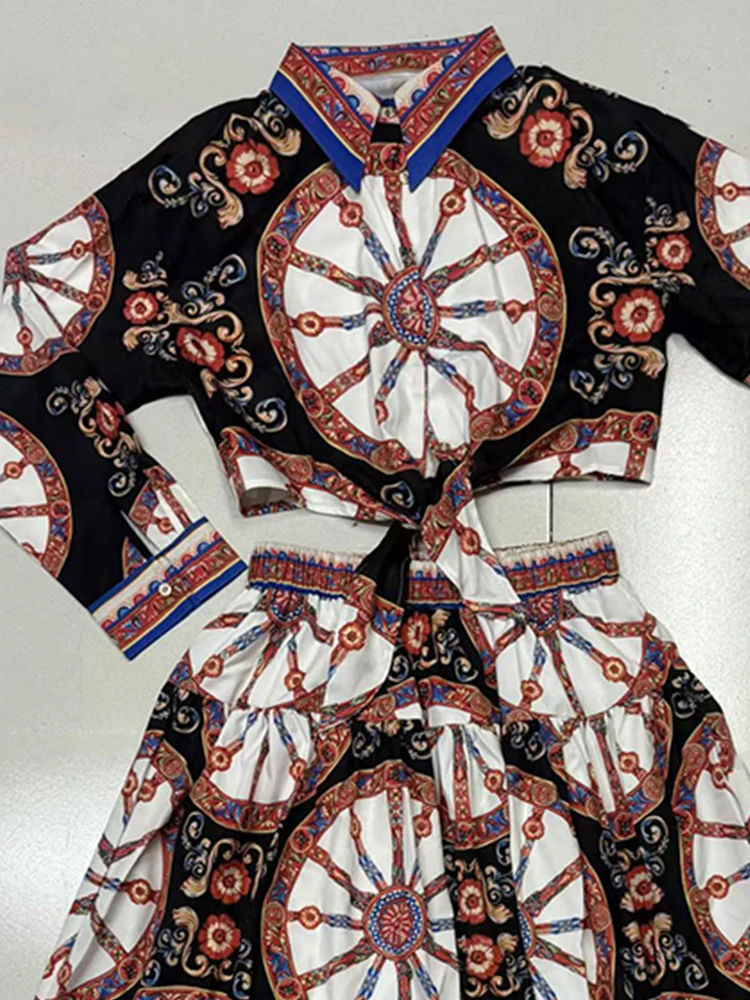 Designer Retro Geometric Print Short Strap Waist Shirt Two-piece Set 2026 Autumn Women's Clothing + Loose Skirt Fashion Suit