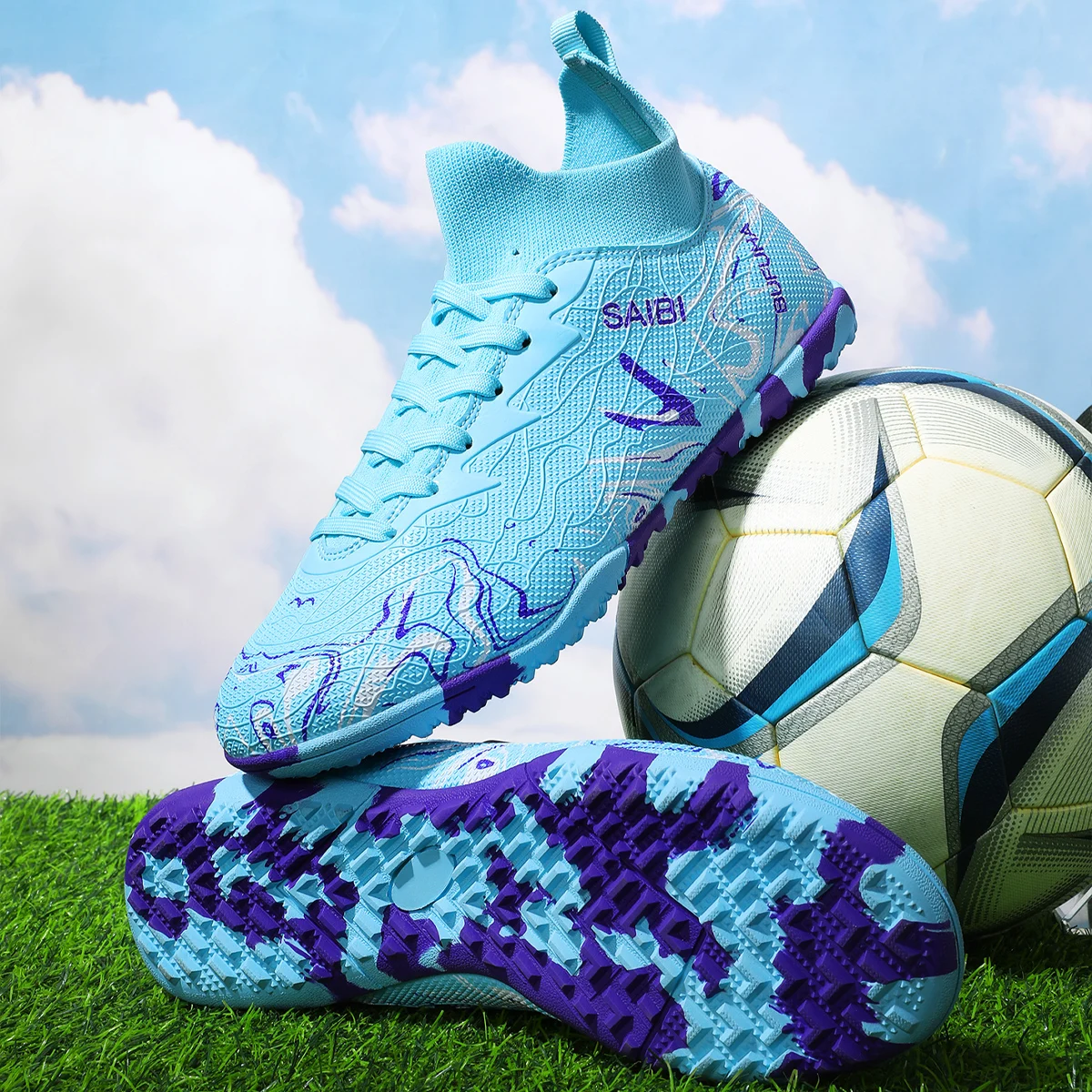 أحذية كرة القدم الاحترافية للرجال قابلة للتنفس مع أظافر TF المكسورة تحمي بشكل فعال للكاحلين ونعل خارجي مطاطي متين