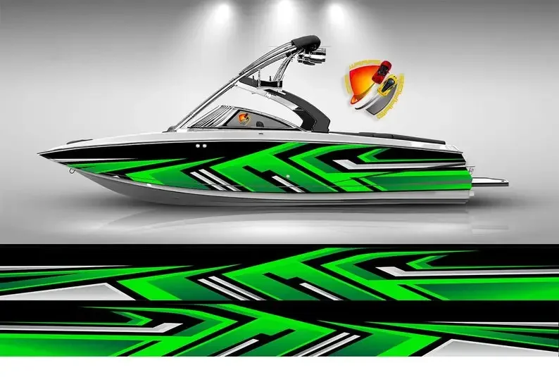 Lime Green and Black Lines Modern Graphic Vinyl Boat Wrap Fishing Bass Pontoon Decal Sportsman Console Bowriders Deck Ship Water