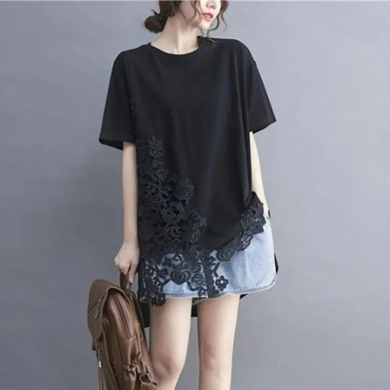 

Fashion O-Neck Spliced Lace Hollow Out Irregular Blouses Women's Clothing Summer New Loose Casual Tops Asymmetrical Shirts XQ128