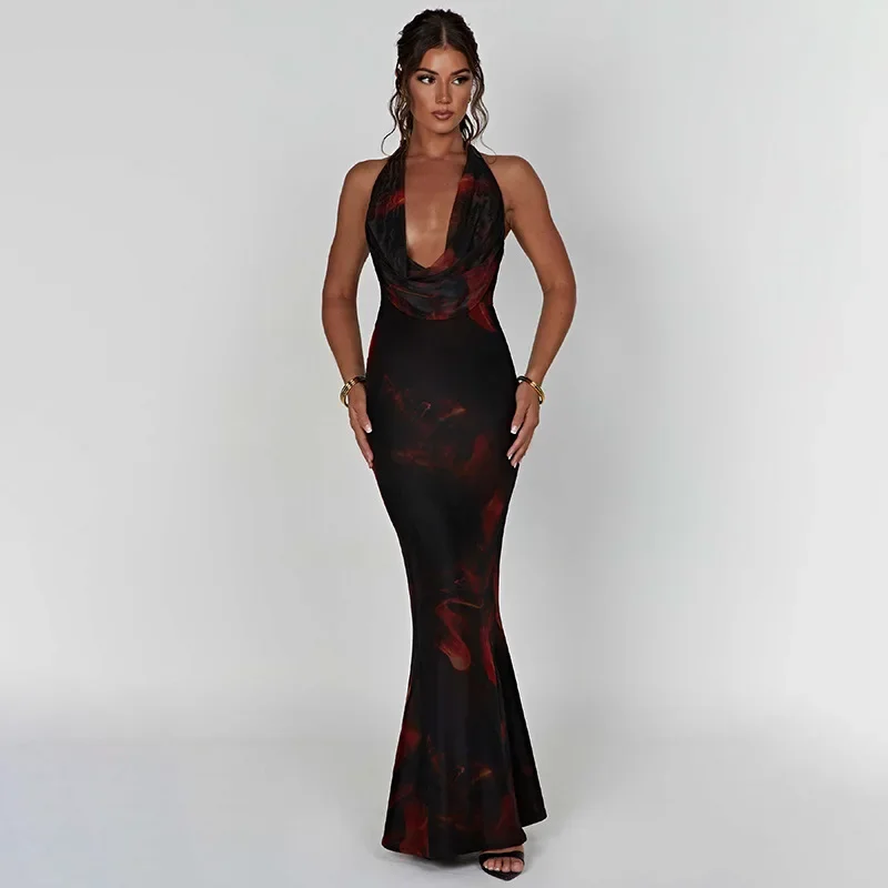 Print Halter Maxi Mermaid Dress Deep V Neck Backless Sleeveless Robe 2023 Women Summer Club Party Elegant Sexy Slim Vestidos