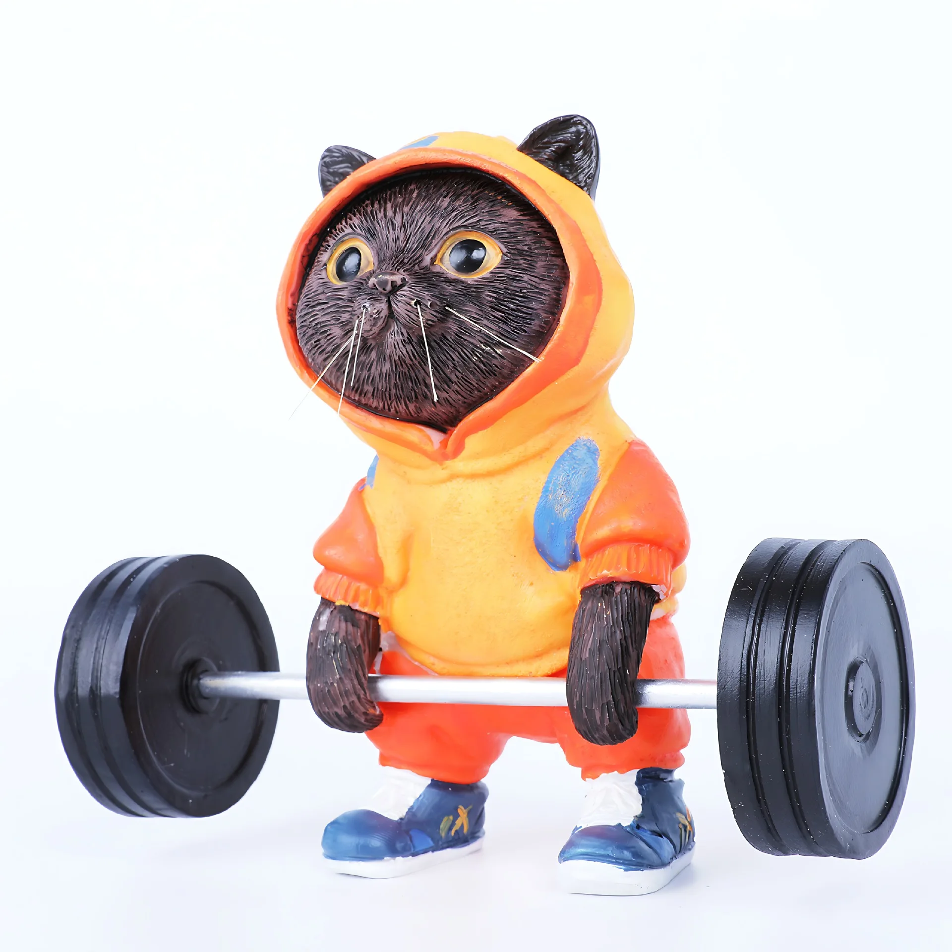 Cute Fitness Cat Sculpture Action Figure Toys Weightlifting Black Cat Resin Model Funny Decoration 12cm