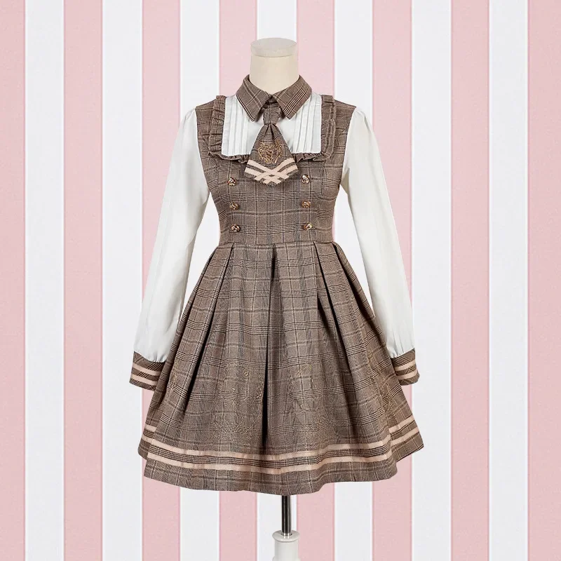 Novo vestido lolita detetive bear cospaly feminino estilo preppy pescoço gravata vestidos de manga longa e manto de lã dropshipping