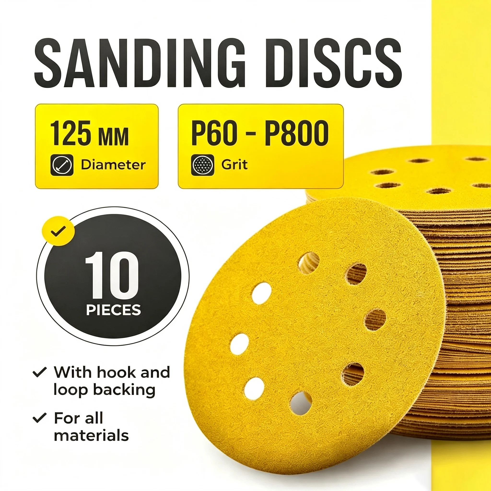 125mm 8 Hole Yellow Sanding Discs P60-P800 Hook Loop Sandpaper Disc 10Pcs For Wood Metal Polishing Grinding Sanding Pad