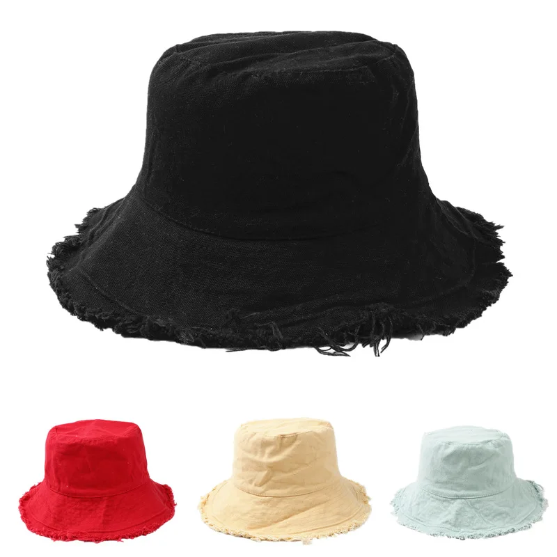

New Frayed Edges Tassel Washed Denim Bucket Hats Unisex Cotton Plain Wide Brim Foldable Fisherman's Hat Outdoor Beach Panama Cap