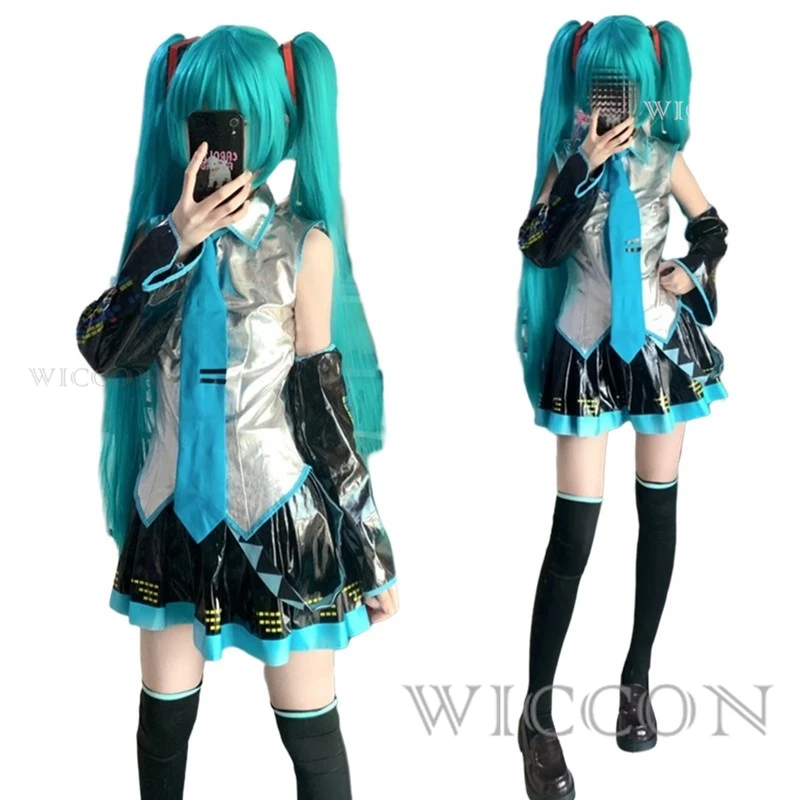 Miku Cosplay Full Set Silver Grey Patent Leather Fabric Suit Miku Cosplay Shoes Headwear Costume Outfit JK Uniform Cosplay