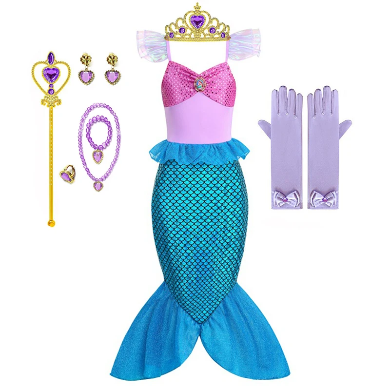Girls Ocean Mermaid Princess Cosplay Dress Kids Fancy Outfit for Carnival Birthday Halloween Theme Party Role Play Dress-Up