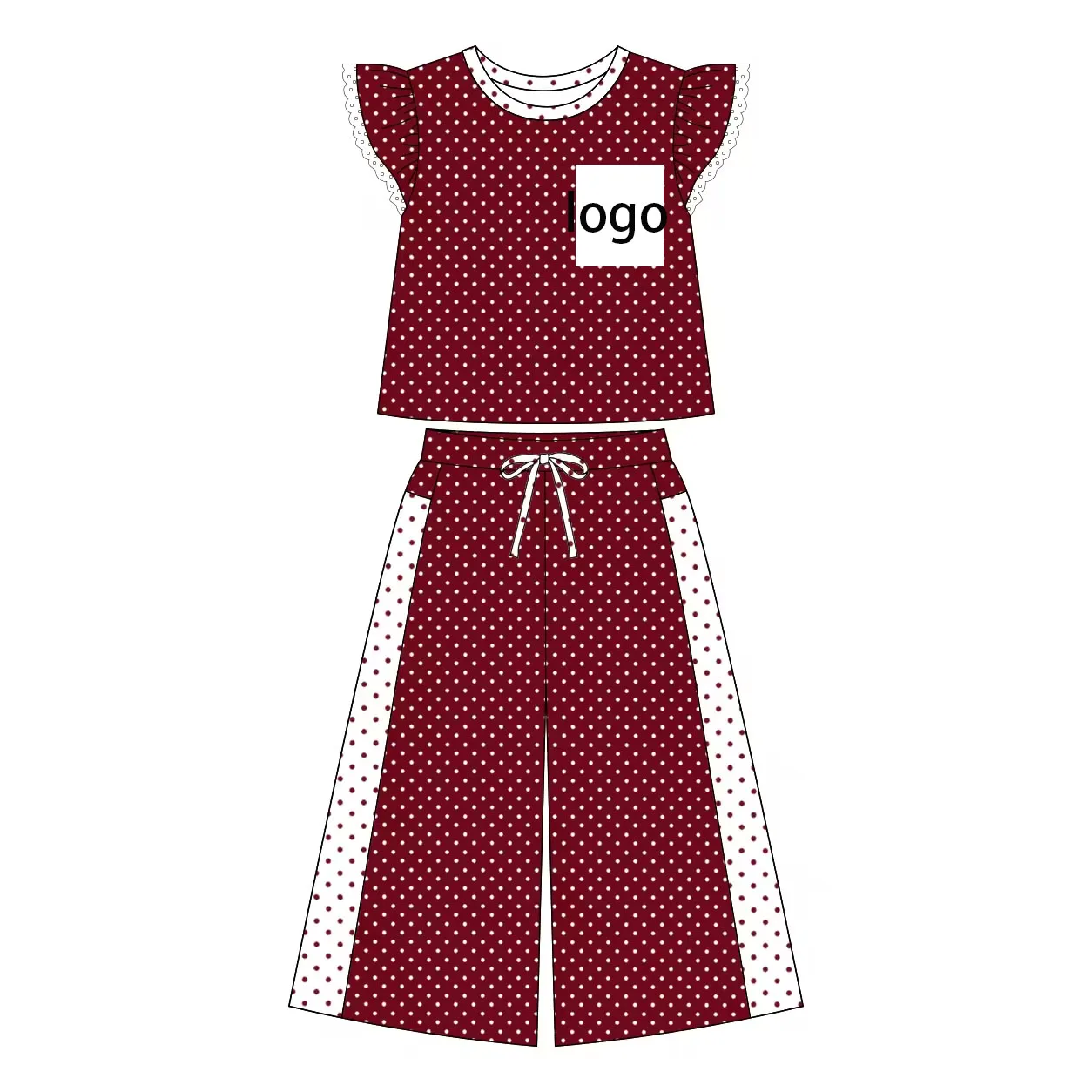 Custom Kids Clothing Toddler Girls Clothes Burgundy Polk Dots Pants Set Girl Boutiques School Emblem Design Outfits Milk Silk