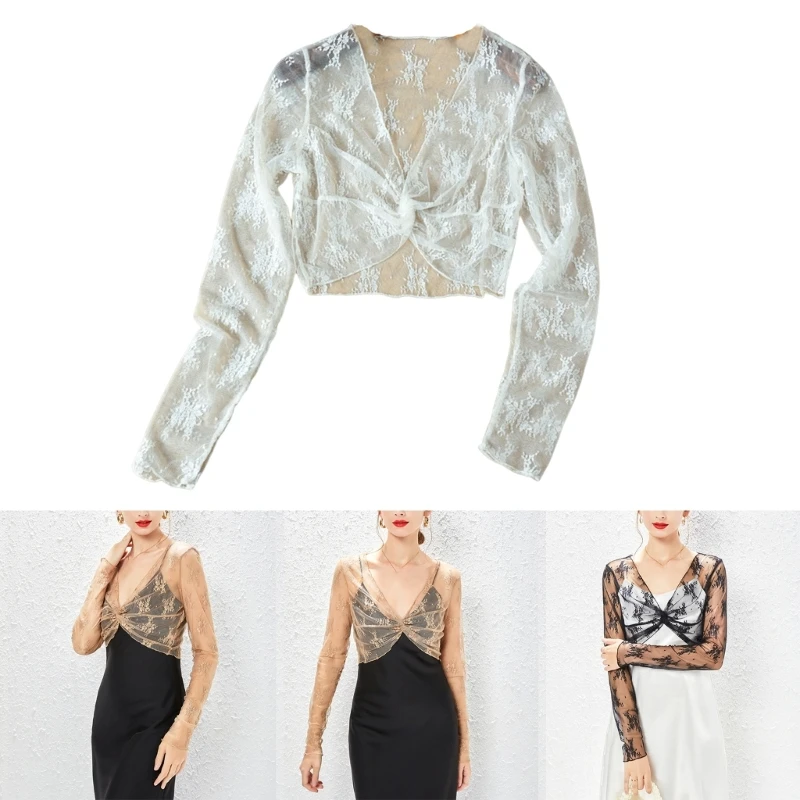 Womens Elegant Crop Cardigan Sheer Floral Lace Bolero Shrug Long Sleeve V-Neck Twist Knotted Front Crop Top Cover Up