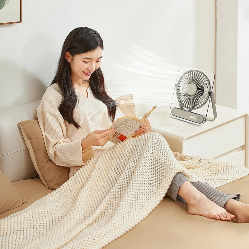 JIHUAN New Transparent Ultra-thin Desktop Fan, Portable Rechargeable Wall Mount Fan with Digital Display, Quiet for Office Use