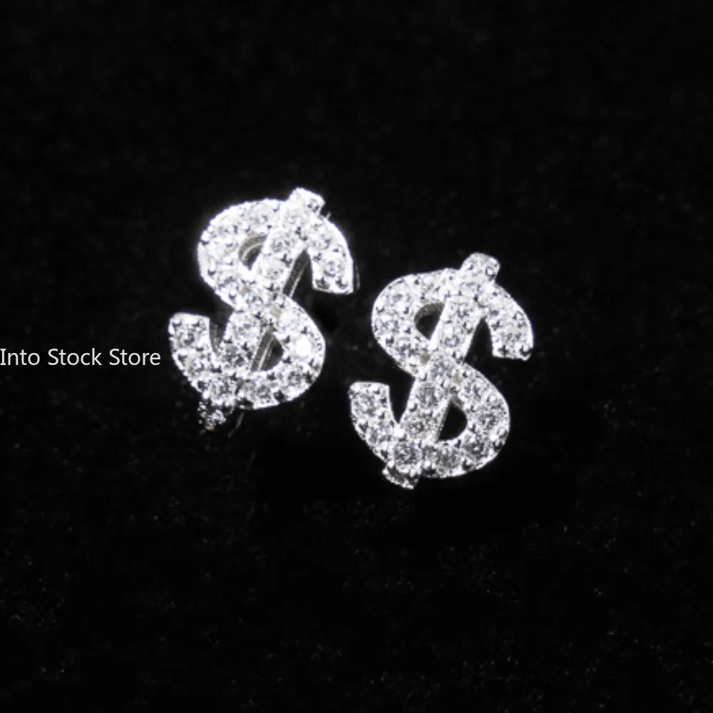 Stainless Steel Earrings Hip Hop Jewelry Stud Earring Iced Out Zircon Dollar Sign Gold Plated Earrings for Women Серьги Женские