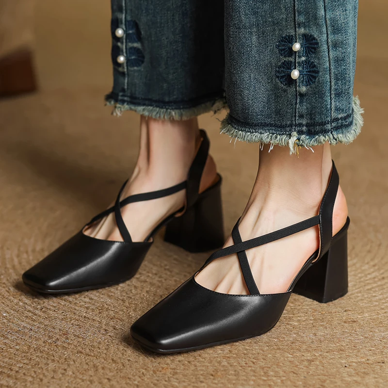 2026 New Size 34-40 Women Vintage Sandals Real Leather Retro Square Tor High Heels Summer Shoes Slingback T-Strap Office Daily view 5
