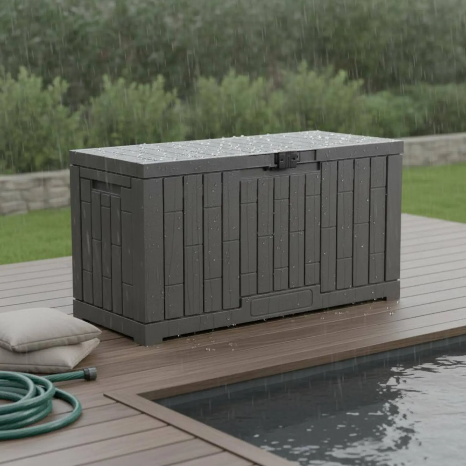 Resin Deck Box Rectangular Outdoor Storage Box Lockable Storage Container Hinged Lid Paneled for Garden, Poolside view 3