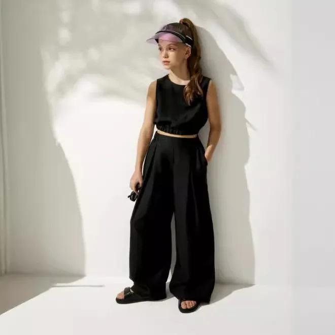 2024 Summer Girls Cotton and Hemp Fashion Waistband Tank Top+Western Pants Children\'s Two Piece Set