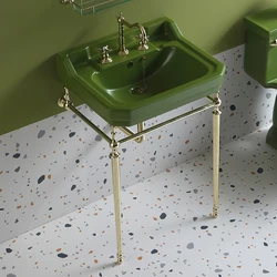 Grass green brass floor-to-ceiling integrated wash basin, dark green retro wind copper bracket