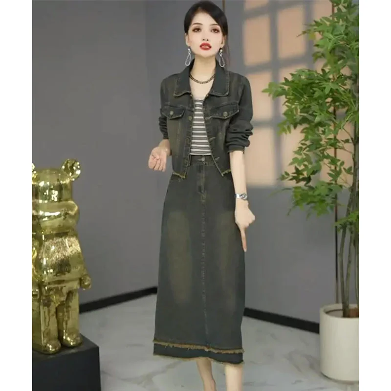 

Autumn Female Large Size 4XL Denim Maxi Skirts Women Fashion Denim Skirt Three-piece Set Retro Ladies Short Cowboy Long Skirt