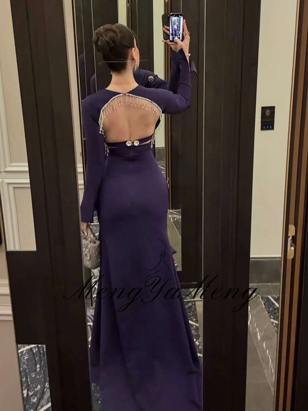 ZHUISHU 보라색 긴 소매 댄스 파티 드레스 오-넥 백리스 파티 가운 맞춤형 코트 트레인 바닥 길이 공식 이벤트 드레스