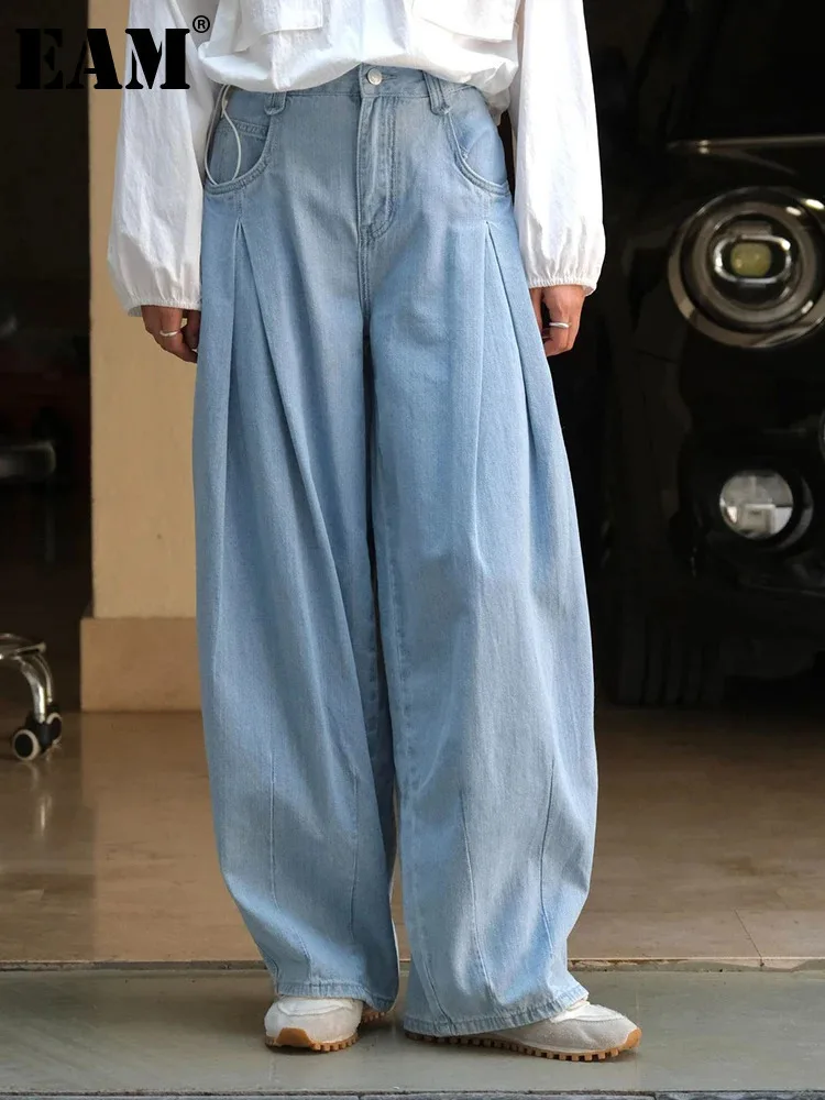 

Женские джинсы с широкими штанинами EAM, синие повседневные длинные джинсы со складками, с высокой талией, весна-осень 2024