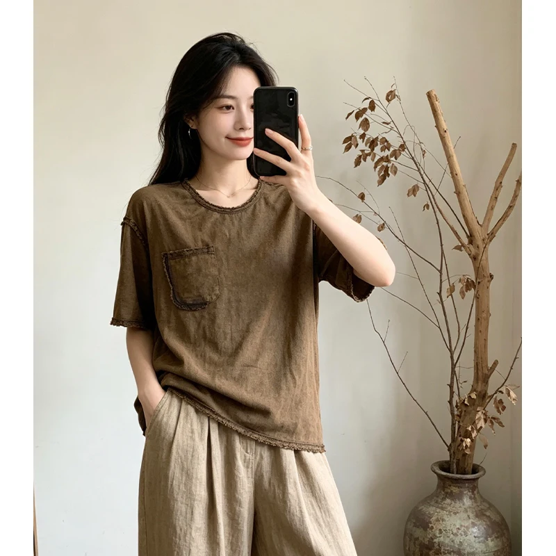 Masss Wasss European Summer Womens Fashion Tops Loose Casual Solid O Neck T-shirts Ladies Classic Vintage Cotton Luxury Clothes