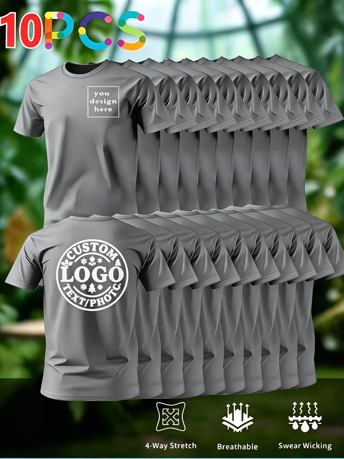 10-Pack Men's Custom Quick-Dry T-Shirts, Breathable for Outdoor and Casual Sports, Short Sleeves, Customizable with Company Logo