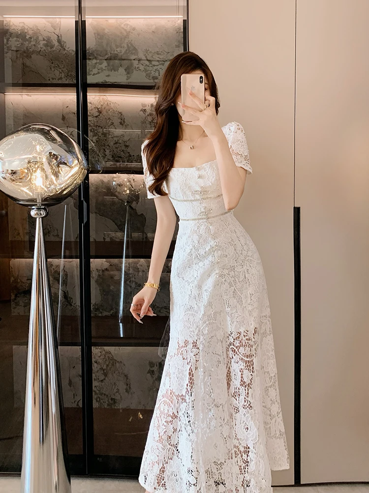 

Ele Ladylike White Lace Hollow out Embroidery Heavy Work Long Dr Women's Faion Spring Summer Autumn High Waist A-Lin...