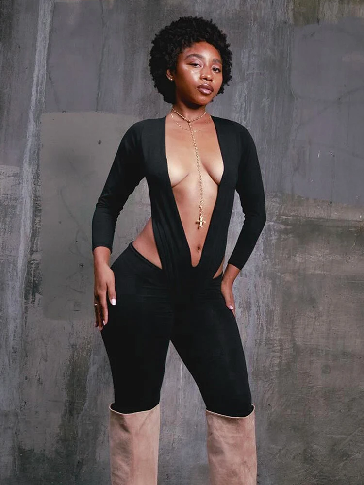 

Sexy Backless Jumpsuits Woman Open Collar Full Sleeve Waistless Design Skinny Stretch Hot Girls High Street Style Overalls