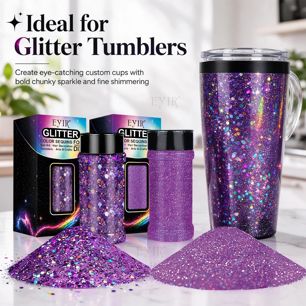 Purple Holographic Glitter Set 50g Chunky 80g Fine Glitter Powder for Resin Tumblers Nail Art Crafts DIY Decoration
