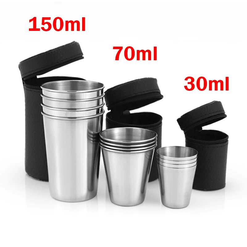 4 unids/set taza de agua de acero inoxidable al aire libre con estuche senderismo Camping Picnic barbacoa tazas de cerveza taza de café vajilla de viaje portátil