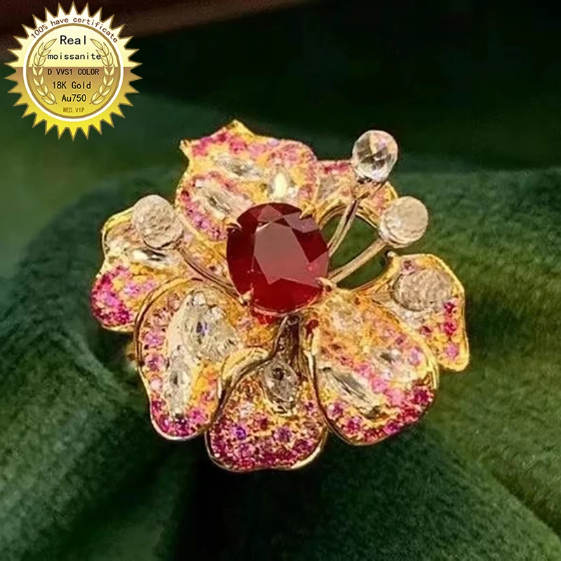 18K gold main stone 1.03 carat and  Ruby1.348ct large luxury flower Wedding Party Engagement Anniversary Ring