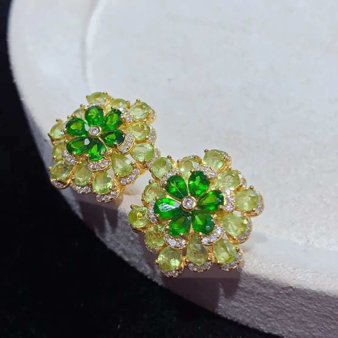 Peridot & Diopside Earrings Floral Forest Style, S925 Sterling Silver Fresh Gemstone Studs