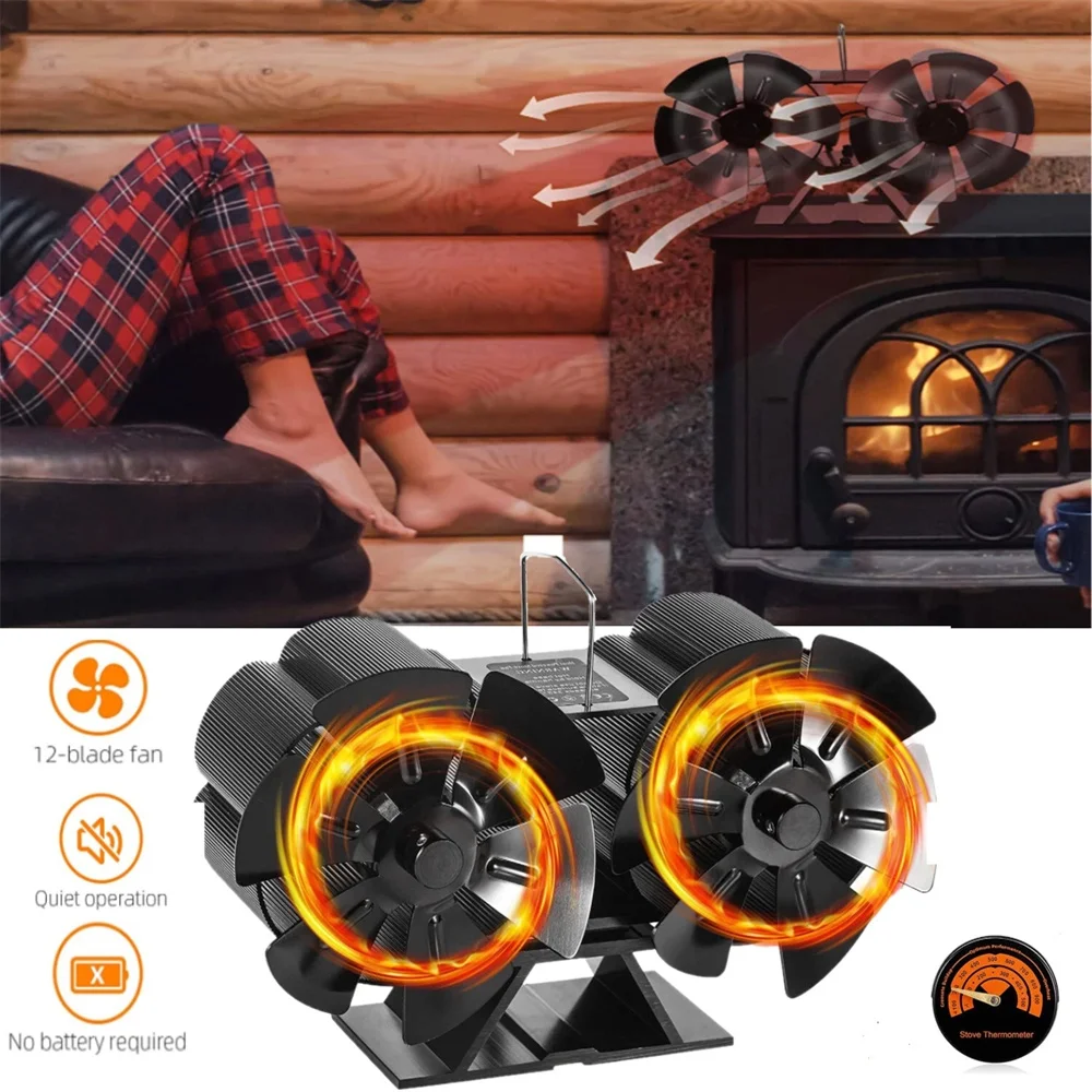 

Dual Head Fireplace Fan Quiet Operating 180-220CFM 1400rpm Aluminum Alloy 6 Blade Heat Powered Wood Stove Fan
