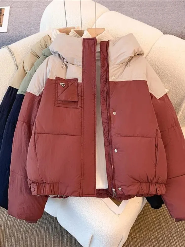 

Зимняя утепленная хлопковая куртка для женщин, короткая, с капюшоном, в стиле пэчворк, разноцветная, корейский стиль