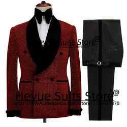 Red Luxuly Men Suits Slim Fit Double-breasted Wedding Groom Formal Tuxedos 2 Pieces Sets Business Male Blazer Trajes De Hombre