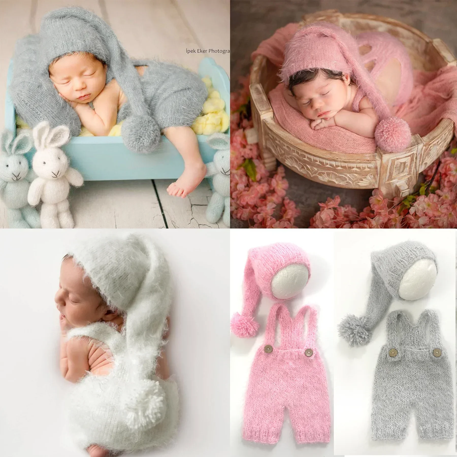 Newborn Photography Props Baby Costume Wool Mohair Romper Jumpsuit Overalls Crochet Hat Baby Boy Girl Outfit Baby Photo Prop