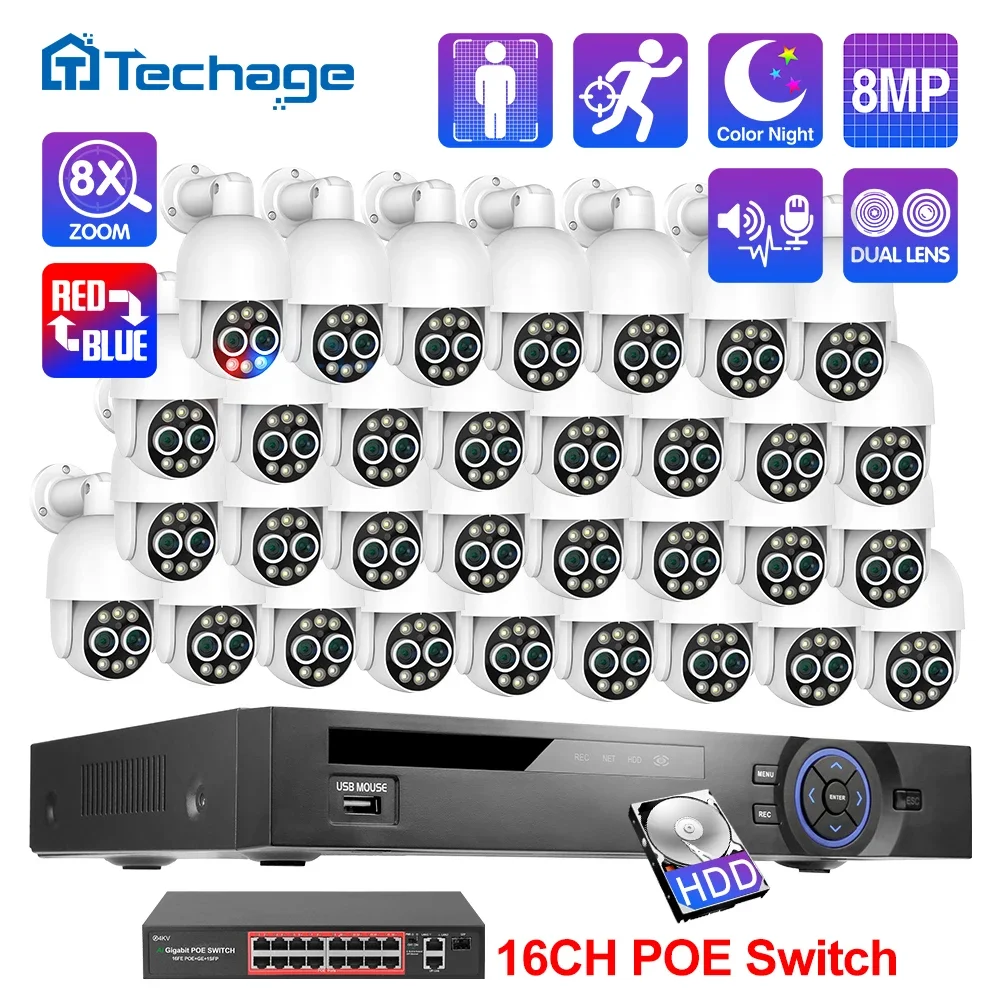 Techage H.265 8MP 32CH Dual Lens POE Camera Kit Humanoid Auto Traking Smart AI 8X Zoom PTZ POE Survillance Kit E-mail Alert P2P