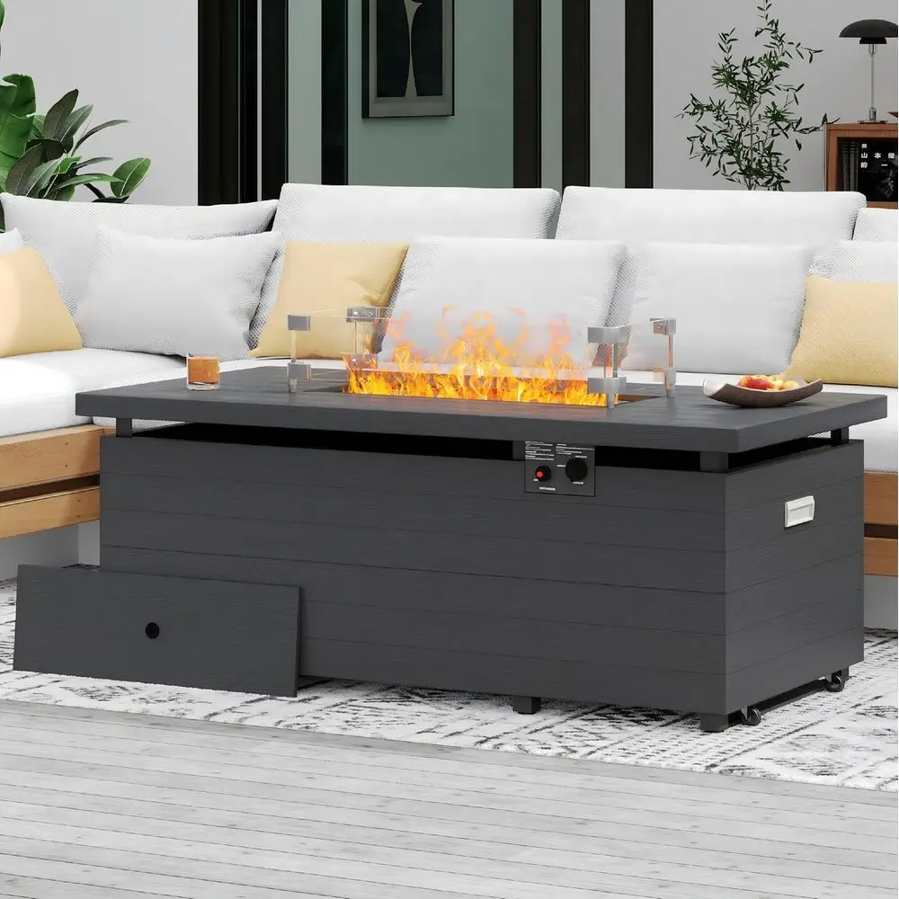 

51 Inch Outdoor ire Pit Table, 50,000RecPropane ire Pit with Sliding Tank Holder, Glass Wind Guard, Removable Lid, CSA Certiied,