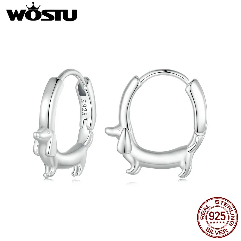 WOSTU Solid 925 Sterling Silver Cute Dachshund Cat Hoop Earrings Women Whale Earring Animal Ear buckle Girl Party Birthday Gift