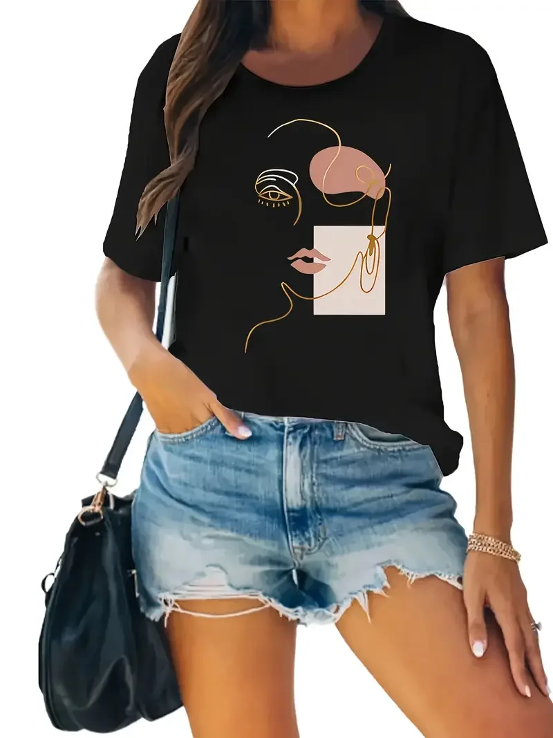 Hand Drawn Facial Line	Women t shirt Summer Fashion Short sleeved T-shirt Tee Tops Printed Oneck Casual T-shirt Women's Clothing