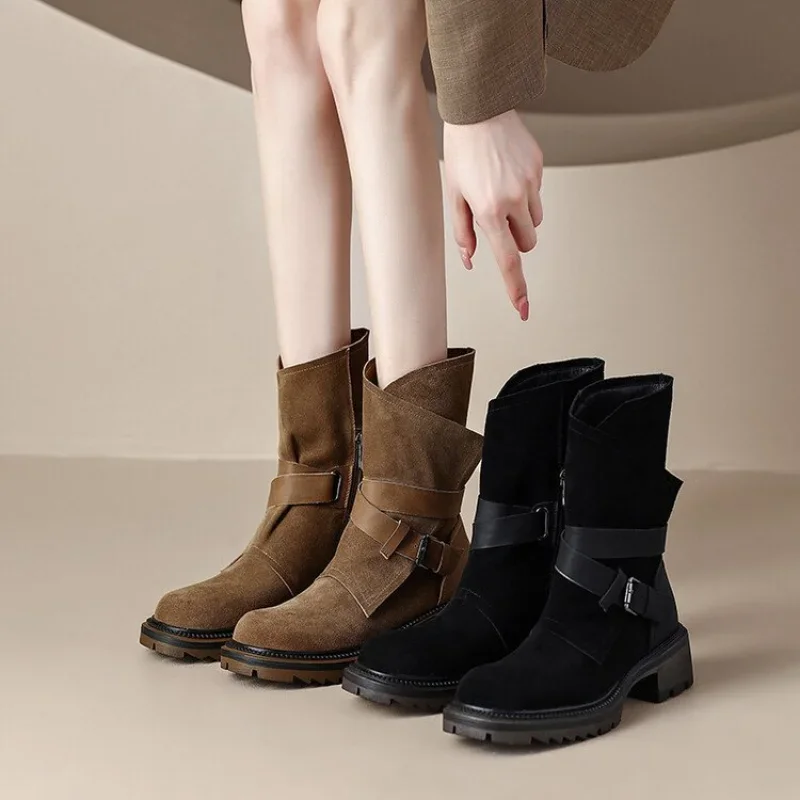 Fashion Buckle Strap Boots Women Autumn Winter New Western Cowboy Ankle Booties Woman Fashion Brown Thick Bottom Desert Boots