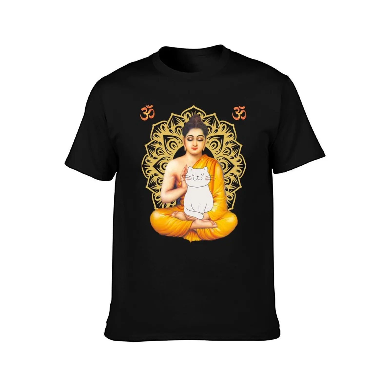 Buddha with white cat T-Shirt Fashion Pattern Printed Tee Shirt T-Shirt