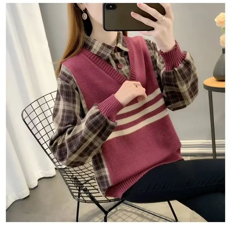 Fake Two Women's Sweaters Checkered Women's Sweater  Striped sweater  stripe shirt Autumn Women's Sweater korean fashion win