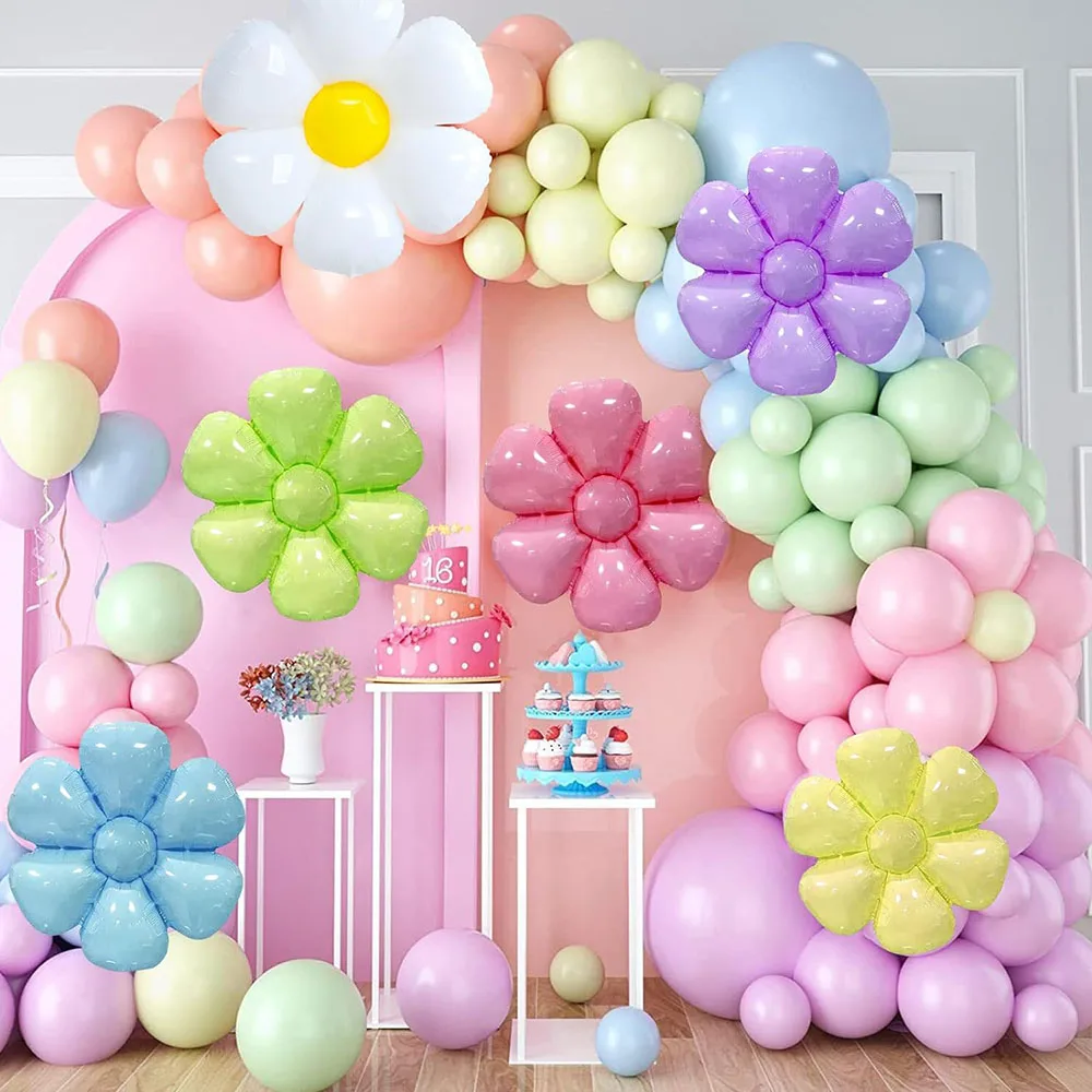 134 sztuki pastelowych balonów stokrotki, ogromnych białych kwiatów balonów z folii aluminiowej Różowy żółty niebieski zielony fioletowy balon lateksowy z helem, odpowiedni na urodziny, Baby Shower, wesele, materiały do dekoracji imprezy stokrotki