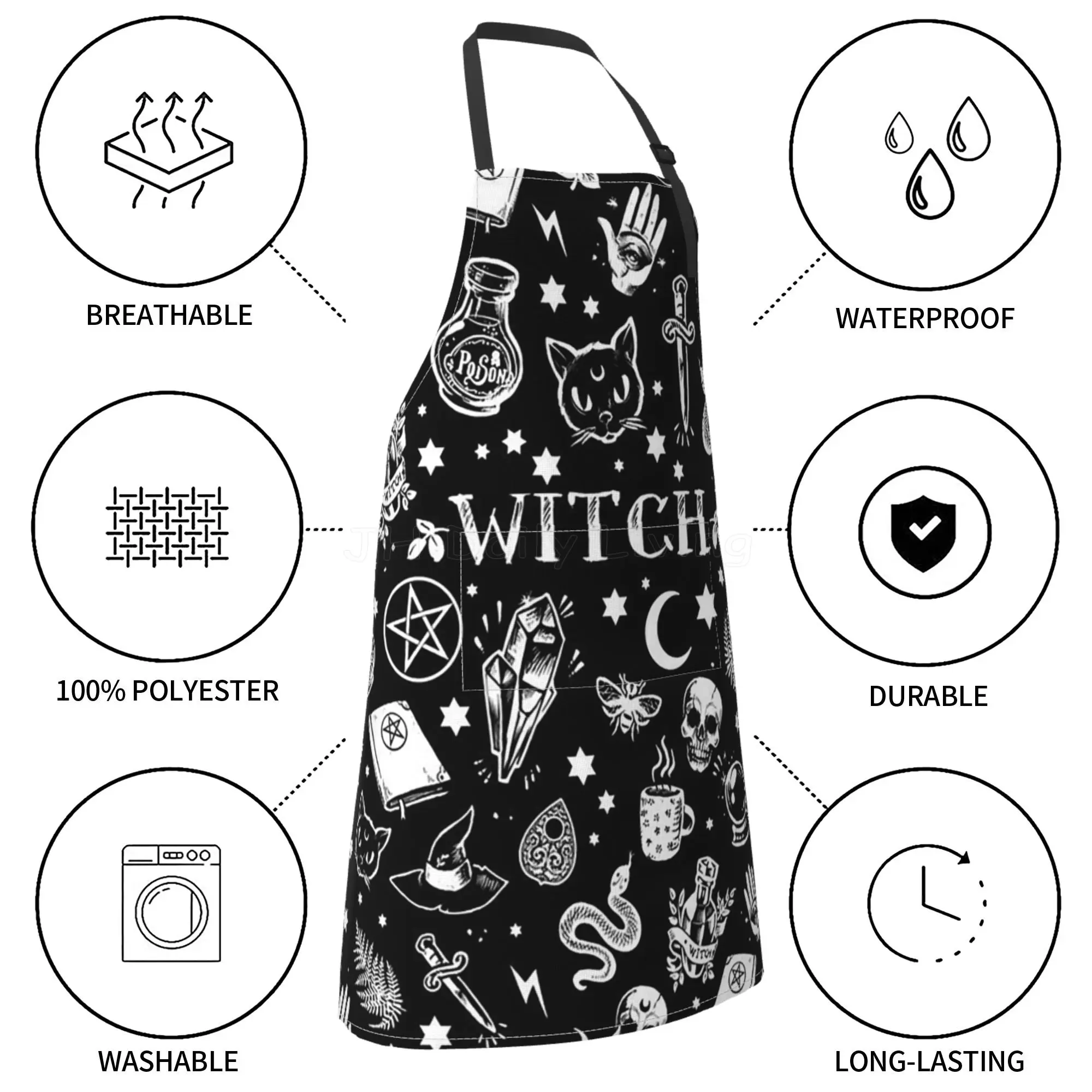 Black and White Witches Magic Tattoo Cat Snake Skull Moon Stab Magic Symbol Apron Unisex Waterproof Kitchen Aprons with Pocket