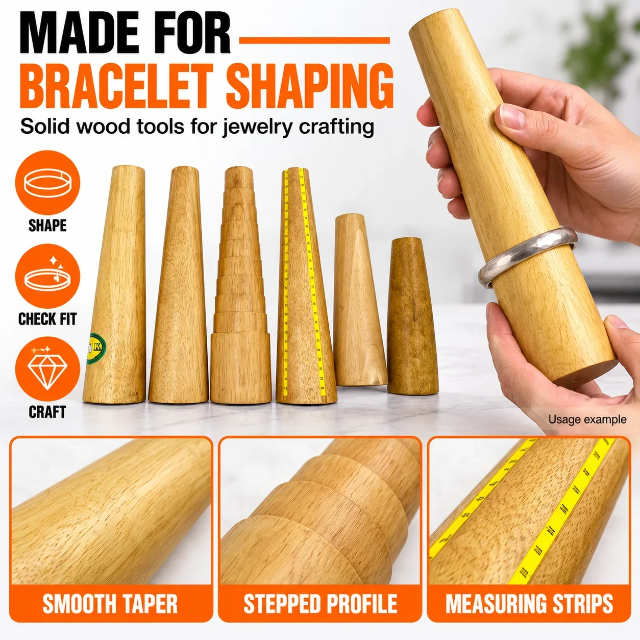 Wooden Bracelet Mandrel Rod Set Assorted for Jewelry Repair - Durable Solid Wood Shaping Correction Enlarging Measuring Tool Kit