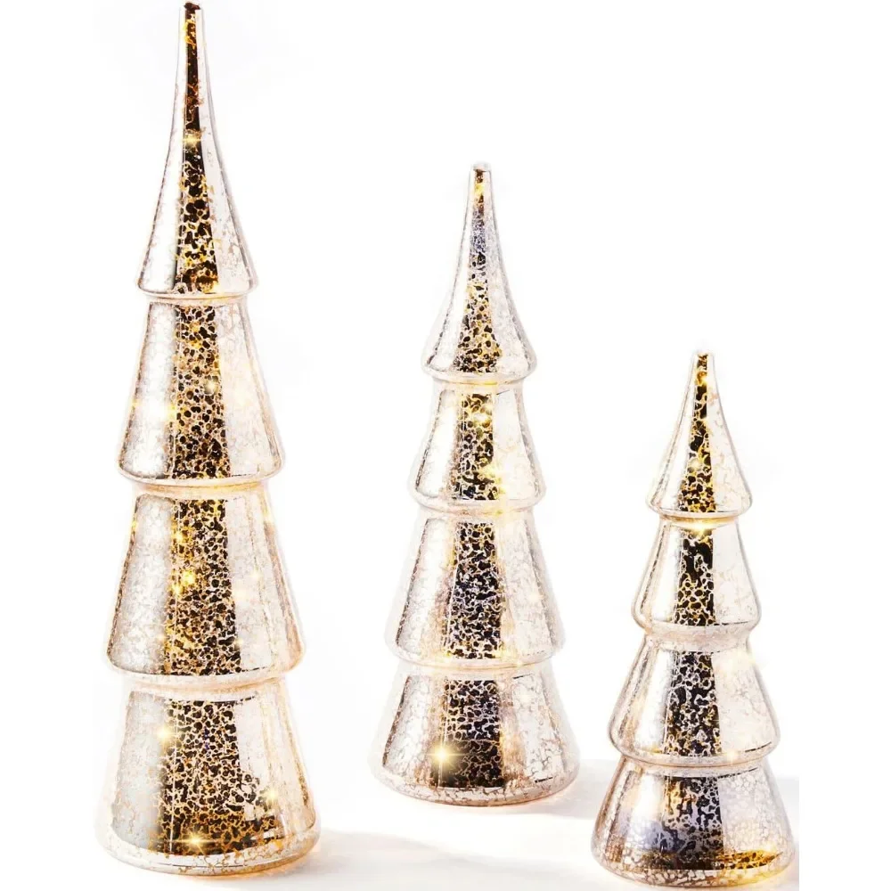 Table Top Christmas Tree Decorations with Fairy Lights, Set of 3 Assorted Trees, 10 Inch Tall, Silver Mercury Glass Fin