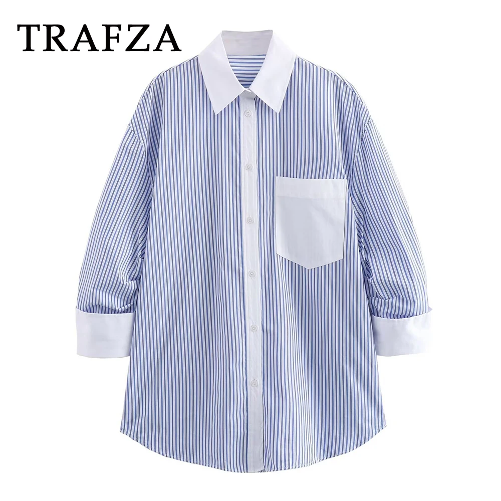 TRAFZA-Camisa de peito único listrado feminino, streetwear de bolso popeline, camisa solta dobrada, moda verão casual, 2022