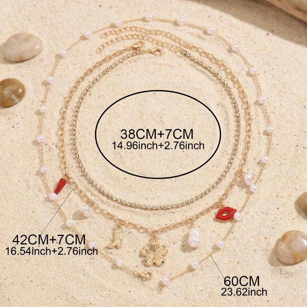 3 Layered Western Lariat Necklace Gold Alloy Rhinestone Tennis Chain Faux Pearl Choker for Women Summer Vacation Party Gift
