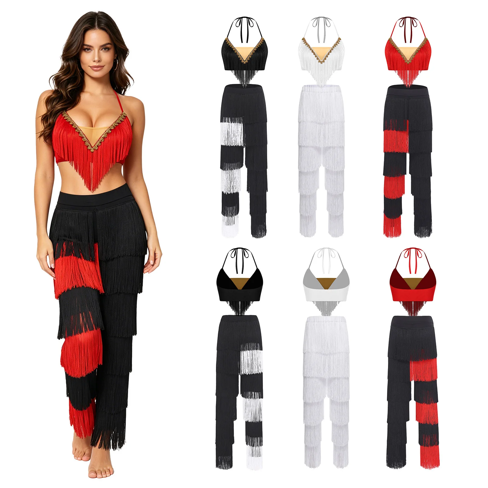 women-latin-dance-costume-gold-trim-halter-neck-fringed-crop-top-with-contrast-color-tiered-tassel-pants-jazz-dance-peroformance